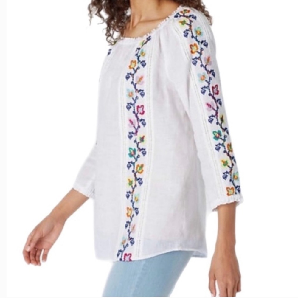 J.Jill Linen Blouse Top Embroidered Boho Peasant  SZ L NWOT